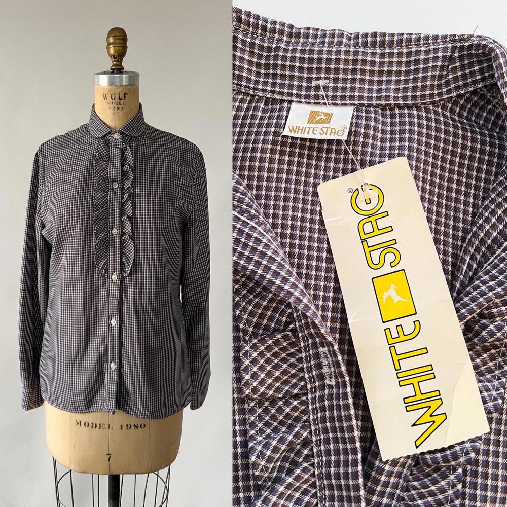 Vintage 1980s White Stag Purple Brown Plaid Ruffled Button Down Shirt NWT NOS M